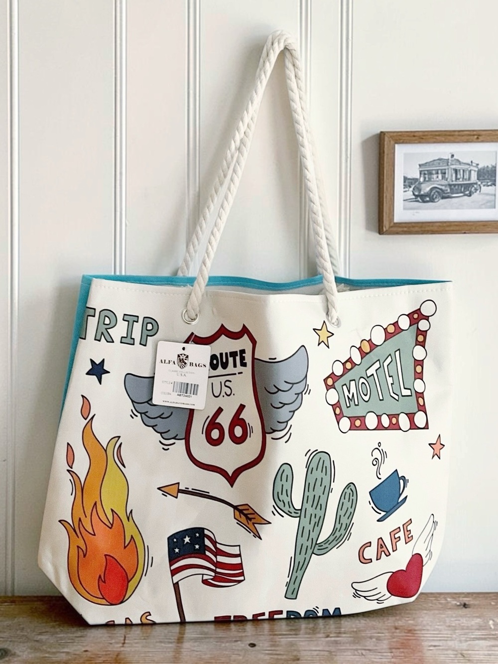 NWT Alfa Bags Classic Collection Route 66 Large Canvas Tote Bag Double Handles